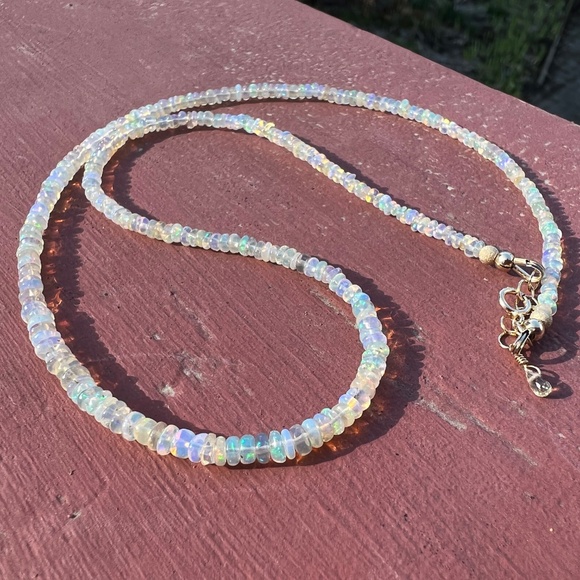 Rainbow Natural Untreated Welo Opal Necklace Handmade Solid 14K Yellow Gold - Picture 6 of 11